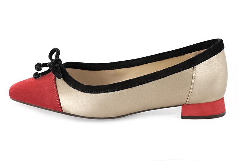 Scarlet red, gold and matt black women's ballet pumps, with low heels. Square toe. Flat flare heels. Profile view - Florence KOOIJMAN